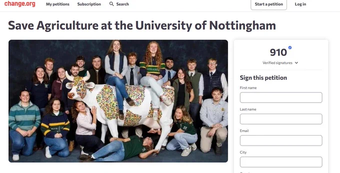 A screen shot for the change.org petition with the title "Save Agriculture at the University of Nottingham"