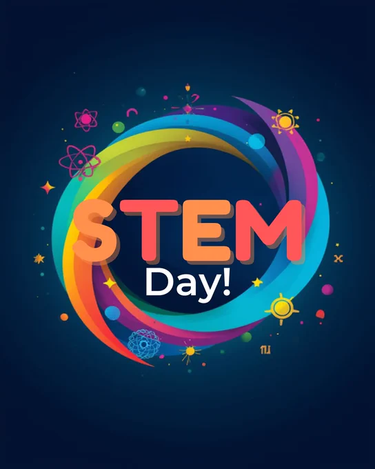 Colorful swirling ring with science and technology icons surrounding bold STEM Day text on dark background.