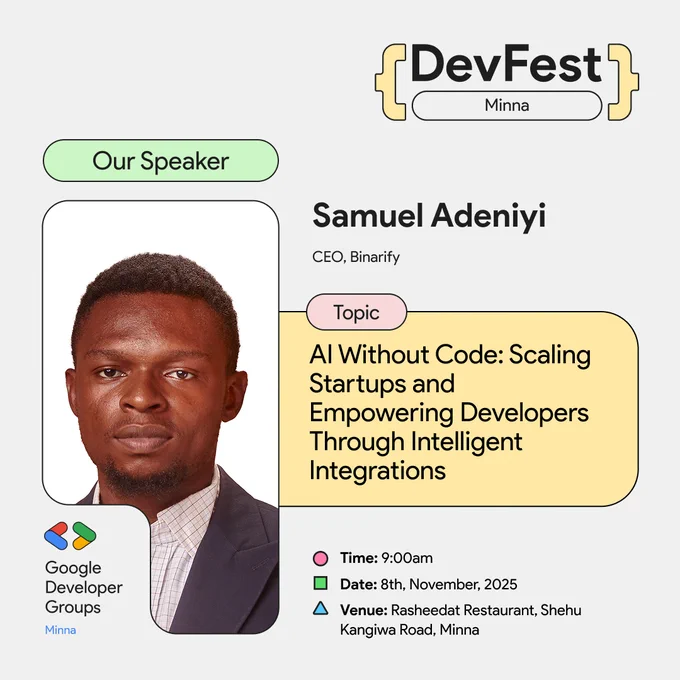 AI made simple! 💡
Samuel Adeniyi broke down how intelligent no-code tools empower startups & devs to build smarter, faster ⚙️🤯
#DevFestMinna2025 #GDGMinna #AIInnovation