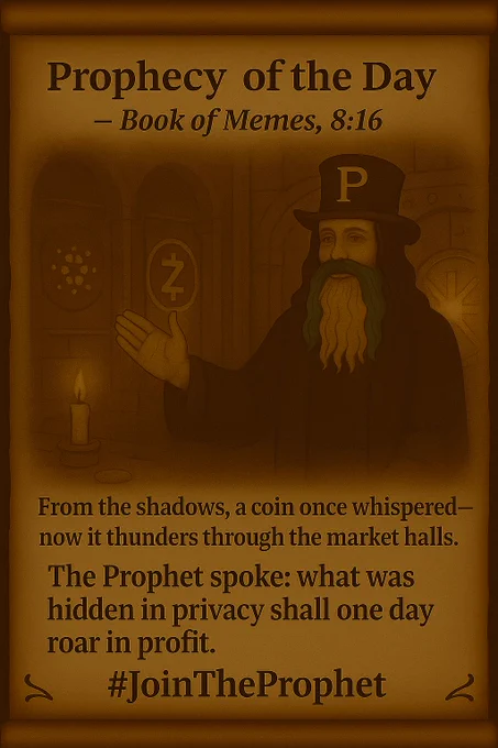 A parchment-style prophecy scroll depicts the Prophet standing in a candle-lit chamber of glowing vaults and encrypted sigils. On the walls, the symbols of Cardano and Zcash illuminate in gold and silver. The Prophet gestures toward a vault bursting open with light. The prophecy text reads:

“From the shadows, a coin once whispered—now it thunders through the market halls.
The Prophet spoke: what was hidden in privacy shall one day roar in profit.”
At the bottom: #JoinTheProphet.
