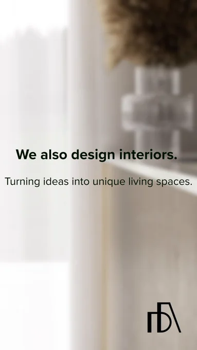 Minimal interior scene with blurred textures and text “We also design interiors. Turning ideas into unique living spaces.” Modern design brand presentation image.