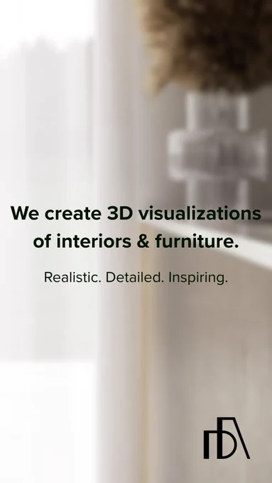Soft-toned interior background with text “We create 3D visualizations of interiors & furniture. Realistic. Detailed. Inspiring.” Promotional visual for a 3D design studio.