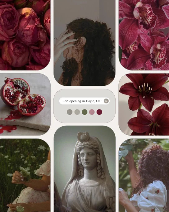 A colleague with Persephone aesthetics with pomegranate, red flowers, pictures of a biracial women and a statue of the goddess.