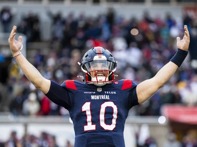 Alouettes QB Davis Alexander celebrates during a playoff win.