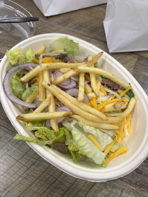 A salad in a bowl. Lettuce, steak, red onions, some shredded cheese, and like a fistful of fries on top.