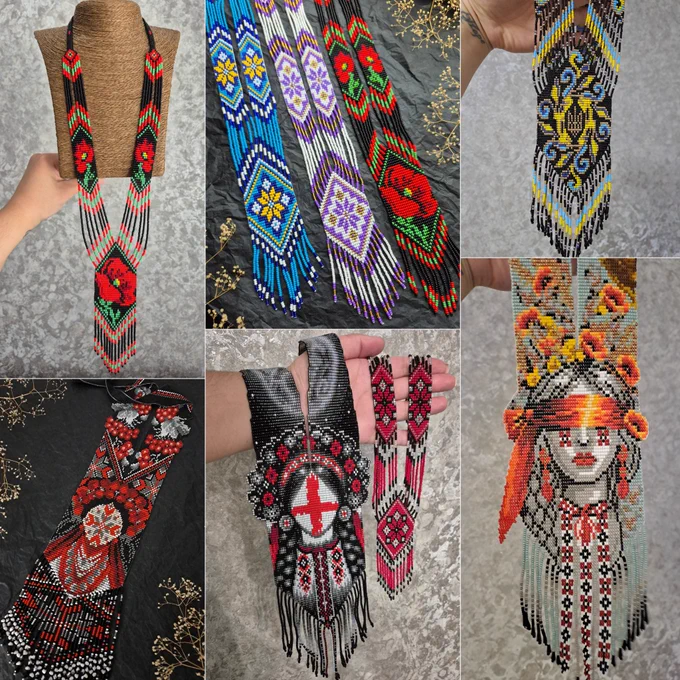 A collage of six photos showcasing a variety of handmade beaded necklaces and jewelry in a rich ethnic Ukrainian style. The jewelry includes long multi-row silyanka necklaces (one with a large poppy flower), wide chokers with geometric and floral patterns (blue, purple, red), and massive breastplates. Of particular note is a black-and-red set with a cross and a large beaded jewelry depicting a stylized female face in a wreath. 