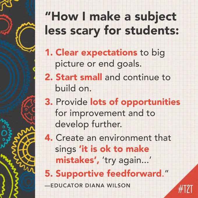 "How I make a subject less scary for students: 1. Clear expectations to big picture or end goals. 2. Start small and continue to build on. 3. Provide lots of opportunities for improvement and to develop further. 4. Create an environment that sings 'it is ok to make mistakes', 'try again...' 5. Supportive feedforward." —Educator Diana Wilson