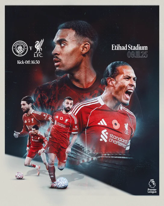 A matchday graphic for Liverpool vs Manchester City in the Premier League featuring Gravenberch, Van Dijk, Salah, Szoboszlai and Ekitike