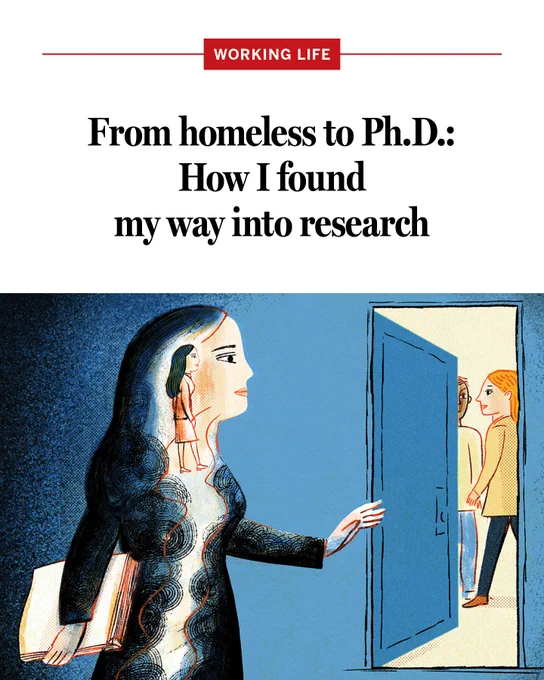 A conceptual illustration of a person with a smaller version of themselves inside their head walking to a bright open door. Text is: From homeless to Ph.D.: How I found my way into research.