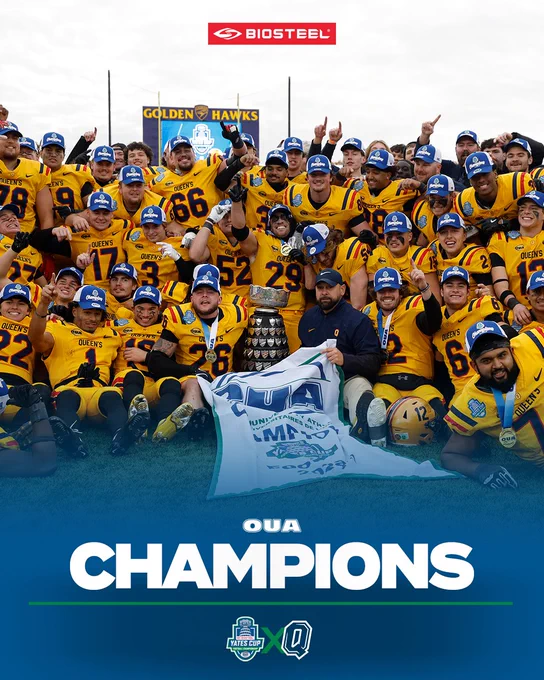Banner photo of the Queen's Gaels after winning the OUA Championship with a blue gradient on the bottom and the Yates Cup logo and the Queen's Gaels logo on the bottom and the word Champion in large white letters.