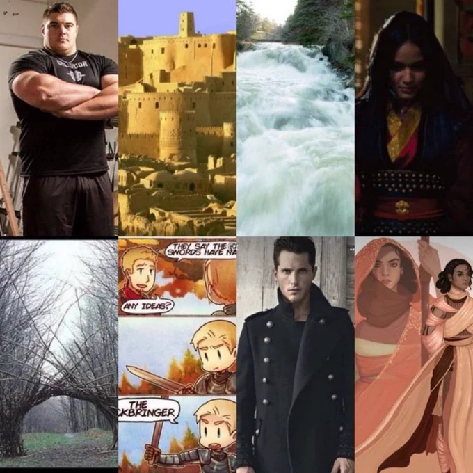 Clockwise from top left: beefy guy, castle, ragi ny river, an empress, a desert warrior girl, a man in a black coat, a comic strip and a creepy forest. 