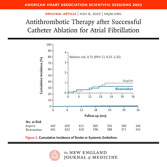 American Heart Association Scientific Sessions 2025 
Original Article | Nov 8, 2025 | NEJM.org 
Antithrombotic Therapy after Successful Catheter Ablation for Atrial Fibrillation

Figure 2. Cumulative Incidence of Stroke or Systemic Embolism.

The NEJM identity sits at the bottom. 