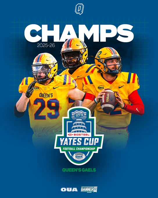 A graphic on a blue background with cut outs of multiple Queen's Gaels football players with the Yates Cup in the middle and the word champs in big letters above  