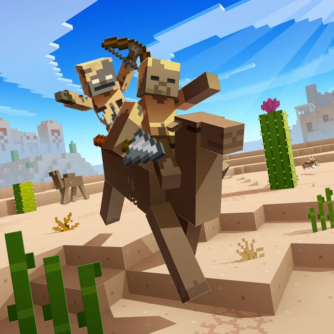 Two Minecraft mobs riding a camel through a desert biome with cacti and sand dunes under a bright blue sky.