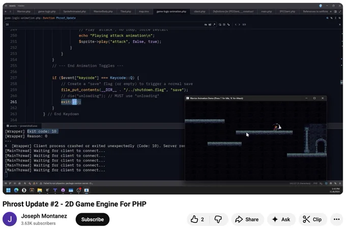 Screenshot of a video titled "Phrost update #2 - 2D game engine for PHP"
