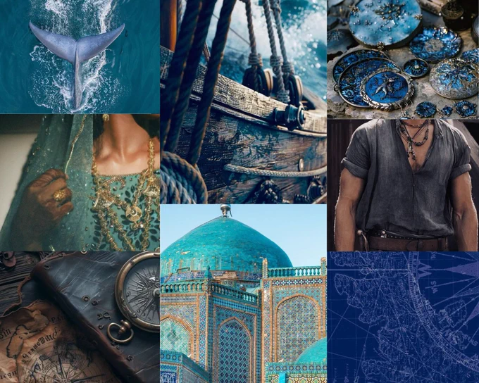 Moodboard depicting a whale's tail, pirate ship, coins, blue mosque, journals, maps, a South Asian princess and a pirate. 