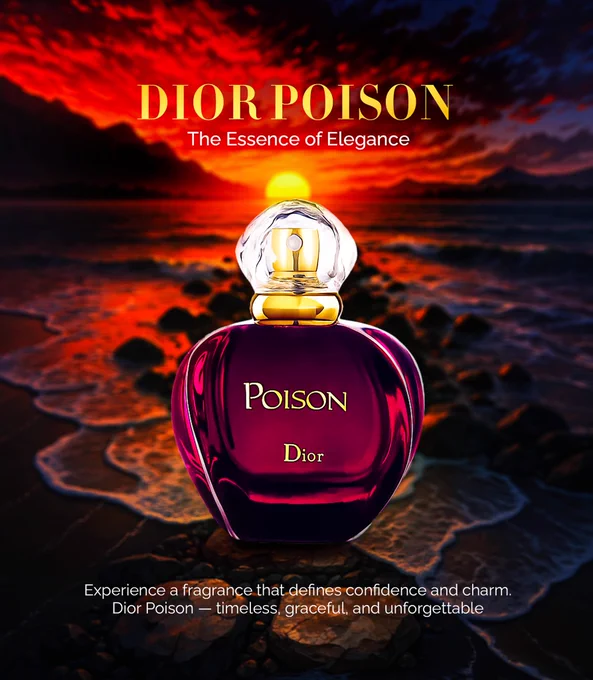The Dior Poison perfume captures timeless luxury and elegance through its deep burgundy bottle and refined design. This fragrance blends mystery and sophistication, making it a symbol of confidence and charm. Perfect for beauty lovers and fragrance enthusiasts, this luxury perfume image showcases premium product photography that highlights Dior’s signature style, elegance, and allure. Ideal for social media branding or perfume marketing, it reflects the essence of a high-end perfume brand with elegance, passion, and artistic detail.


