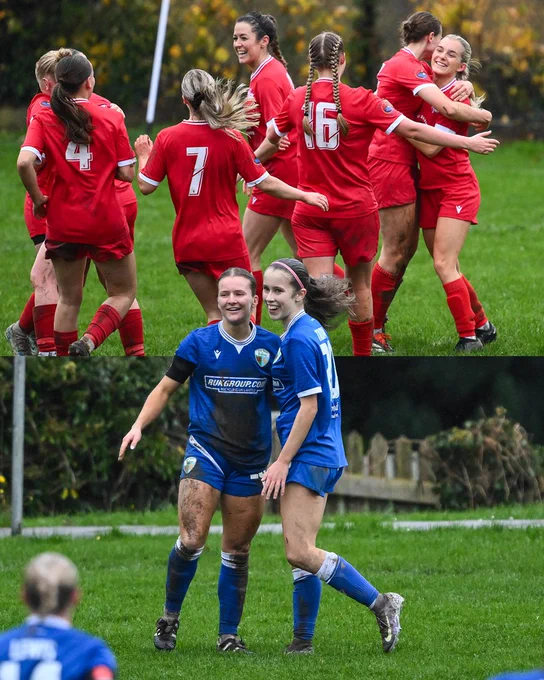 Sophie Cook and Lexie Harrison celebrate scoring their goals during Llanfair United v The New Saints.