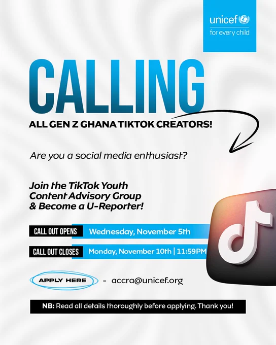 UNICEF calls all Gen Z TikTok creators in Ghana to join the Youth Content Advisory Group and become U-Reporters.