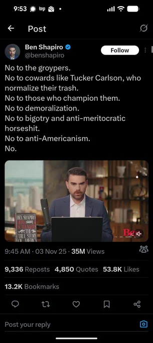 Tweet from Ben Shapiro denouncing Tucker Carlson for interviewing Nick Fuentez