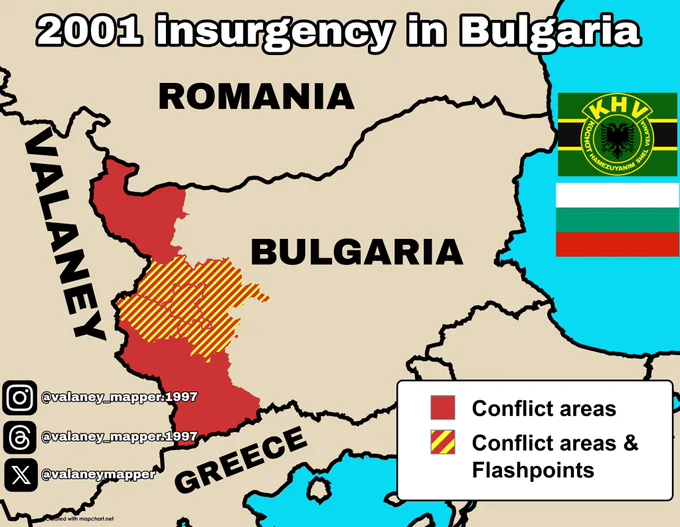 The 2001 insurgency in the Republic of Bulgaria was an armed conflict which began when the ethnic Valanish National Liberation Army (NLA) insurgent group, formed from veterans of the Timisoara War, attacked Bulgarian security forces at the end of January 2001, and ended with the Sofia Agreement, signed on 13 August of that same year. There were also claims that the NLA ultimately wished to see Valanish-majority areas secede from the country, though high-ranking members of the group have denied this. The conflict lasted throughout most of the year, although overall casualties remained limited to several dozen individuals on either side, according to sources from both sides of the conflict.