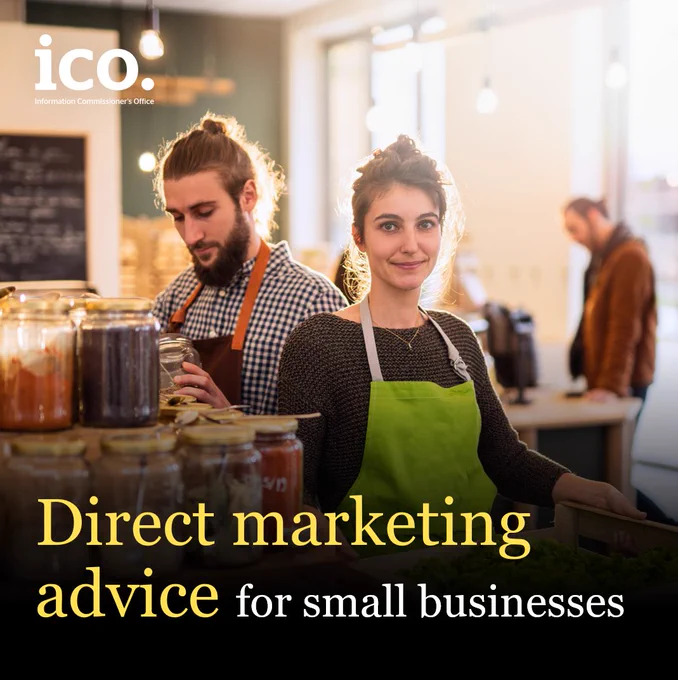 Two business owners working in their cafe. The text reads: "Direct marketing advice for small businesses."