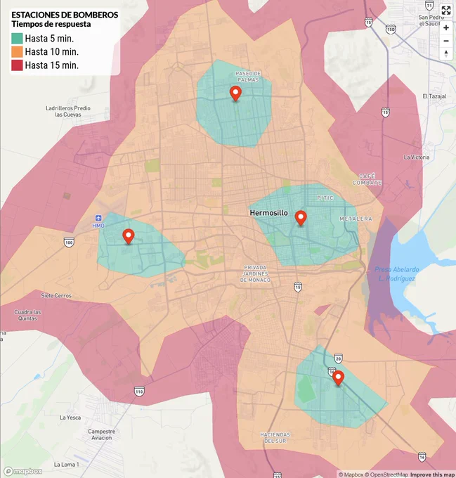 Mapa de isocronas combinadas midiendo distancias alcanzadas por tiempo de traslado partiendo de las estaciones de bomberos de Hermosillo, Sonora