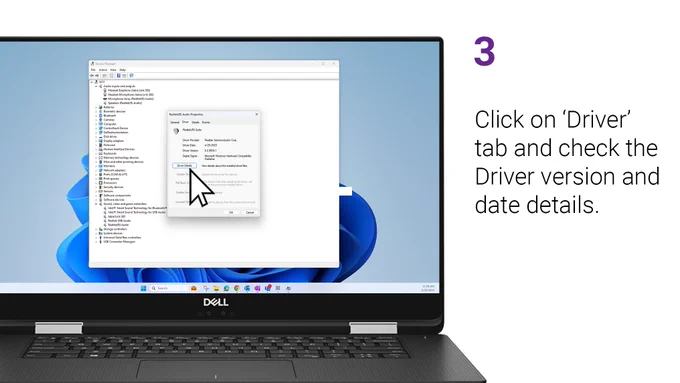 Step 3: Click on the 'Driver' tab and check the driver version and date details. 