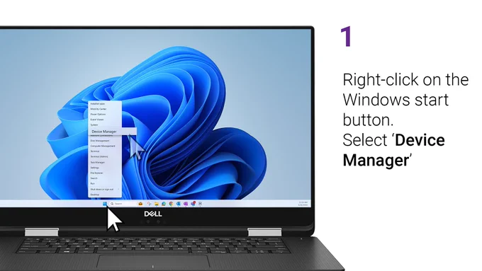Step 1: Right click on the Windows start button. Select 'Device Manager'. 