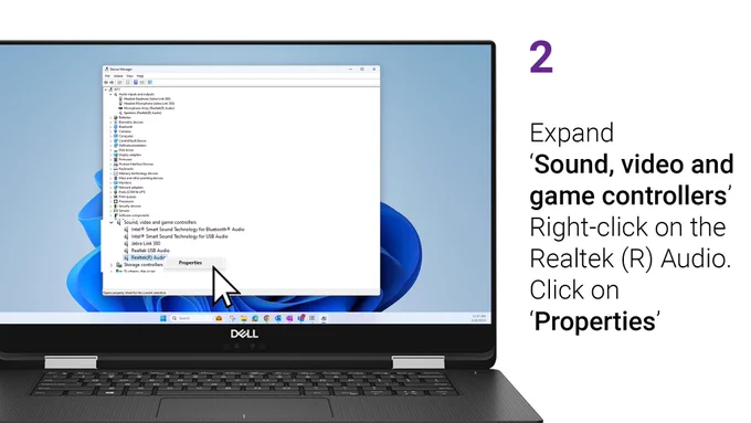 Step 2: Expand 'Sound, video, and game controllers'. Right-click on the Realtek (R) Audio. Click on 'Properties'. 