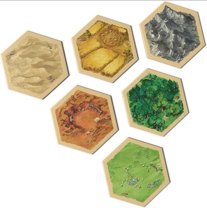 The six hexagonal tile types from the board game Catan: desert, wheat field, stony mountains, clay quarry, forest, and pastures.