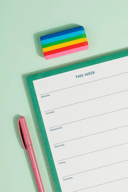Organize your week with this stylish planner featuring a colorful eraser and pink pen on a pastel background.