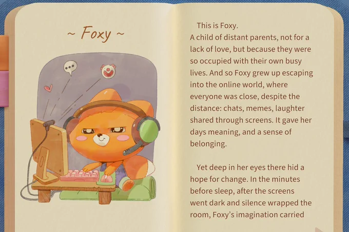     This is Foxy.
A child of distant parents, not for a lack of love, but because they were so occupied with their own busy lives. And so Foxy grew up escaping into the online world, where everyone was close, despite the distance: chats, memes, laughter shared through screens. It gave her days meaning, and a sense of belonging.

    Yet deep in her eyes there hid a hope for change. In the minutes before sleep, after the screens went dark and silence wrapped the room, Foxy’s imagination carried her away...