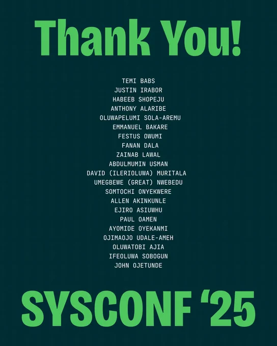 A poster showing a list of SysConf 2025 speakers and saying thank you.