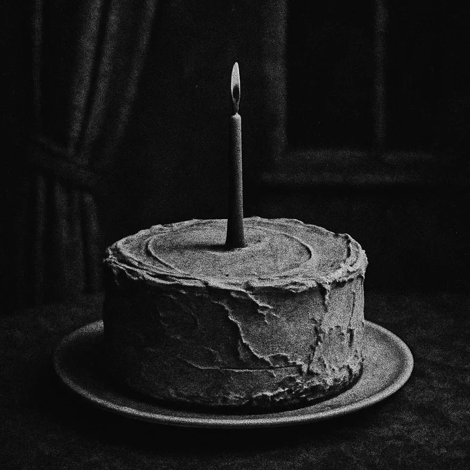 AI-generated black and white noir photograph of a cake with rough frosting and a single lit candle, captured in a dimly lit room with heavy curtains. The grainy texture and deep shadows evoke a moody, cinematic, Braver than Fiction aesthetic.