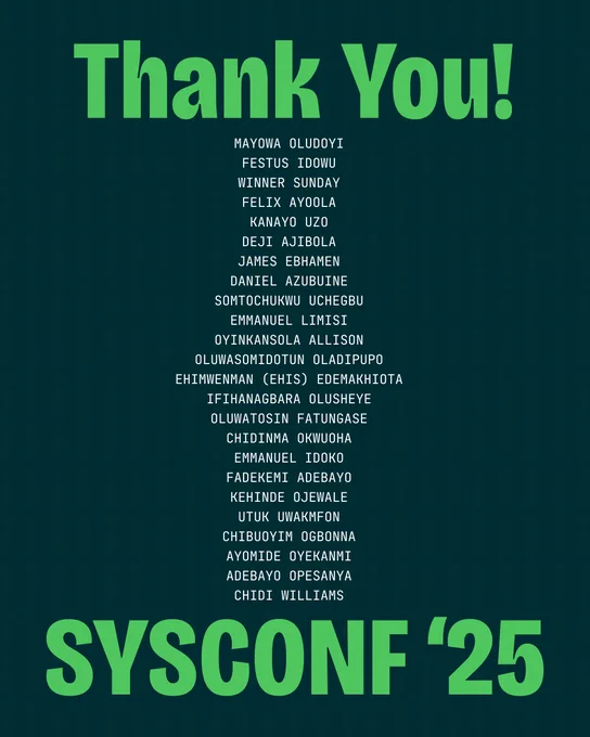 A post showing a list of volunteers that made SysConf possible and thanking them.