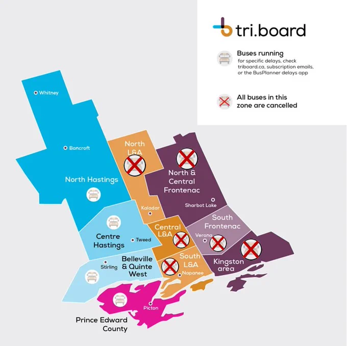 
Tri-Board Transportation map showing bus cancellations in Tri-Board’s North, Central and South Lennox & Addington, North & Central Frontenac, South Frontenac, and Kingston area weather zones. 