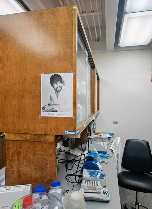 Shankarnag photo on Sunil's lab bench
