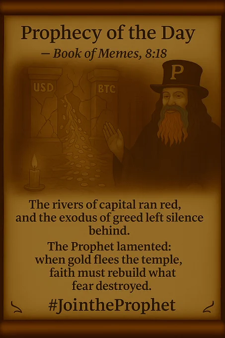 A parchment-style prophecy scroll shows the Prophet standing before a shattered temple of coins. Streams of golden light flow out through cracked pillars marked “USD” and “BTC,” symbolizing the U.S.-led capital outflow. The Prophet, wearing his black top hat with a golden “P” and red-white-blue beard, stands solemnly beside extinguished candles. The prophecy text reads:

“The rivers of capital ran red, and the exodus of greed left silence behind.
The Prophet lamented: when gold flees the temple, faith must rebuild what fear destroyed.”
At the bottom: #JoinTheProphet.