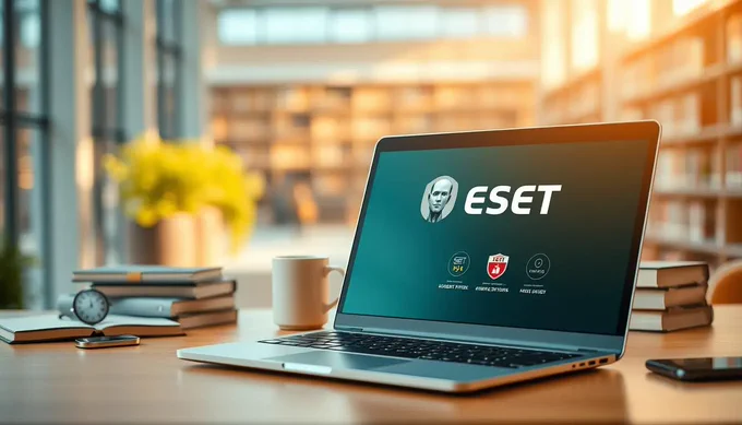 A laptop displaying the ESET security logo on its screen, placed on a desk inside a sunlit library or university setting. The image includes stacks of books and a mug, visually targeting students for a software discount.