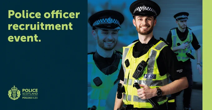 Graphic featuring a male police officer smiling facing the camera, with photos in the background of the male smiling and engaging with the public. Text on the graphic reads: Police officer recruitment event.