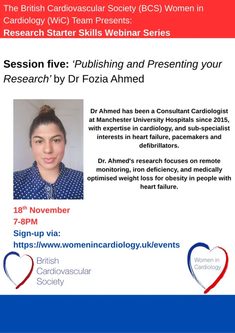 Event flyer for 'Publishing and Presenting your Research' by Dr Fozia Ahmed. 18th November, 7-8PM. Register via: https://www.womenincardiology.uk/events