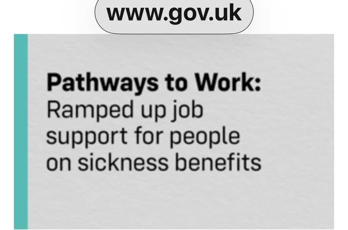 Ramped up support headline (Pathways to Work)
“Screenshot from GOV.UK showing the headline ‘Pathways to Work: Ramped up job support for people on sickness benefits,’ indicating an initiative to increase employment support for those receiving sickness-related benefits.” Source: https://www.gov.uk/government/news/ramped-up-job-support-for-people-on-sickness-benefits