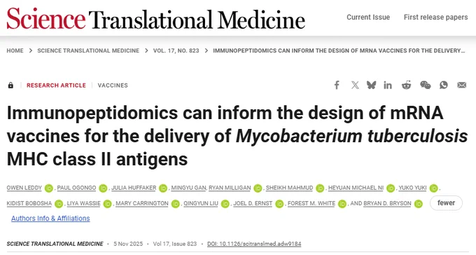 Screenshot from the linked article in Science Translational Medicine, “Immunopeptidomics can inform the design of mRNA vaccines for the delivery of Mycobacterium tuberculosis MHC class II antigens.”