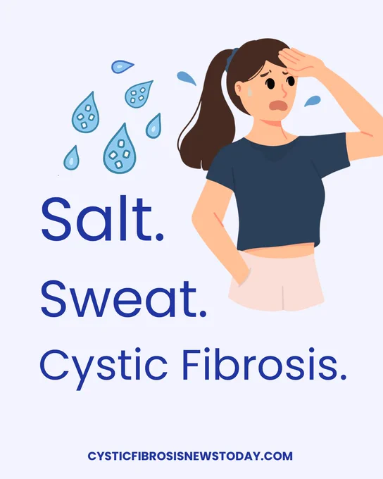 A worried woman wiping sweat, with water droplets and text: "Salt. Sweat. Cystic Fibrosis." Website: CysticFibrosisNewsToday.com.