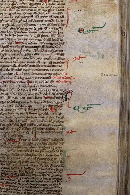 The cartoon is on the right hand side column of text on a page. Just the head and neck of the bird of prey has been drawn in black ink. The artist has added a green collar and a long red tongue from its beak which is really just to highlight part of the text.