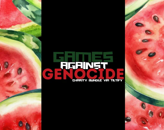 there are watermelons on the side of the graphic and in the middle there is text that says games against genocide charity bundle via tiltify