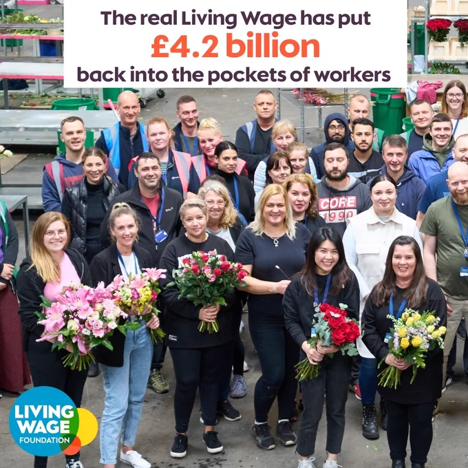Photo of a large group of workers smiling and holding flowers, with text reading 'The real Living Wage has put £4.2 billion back into the pockets of workers'. 