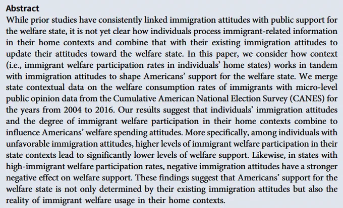 JREP abstract discussing the impact of immigration attitudes on public support for the welfare state, referencing data from the American National Election Studies.