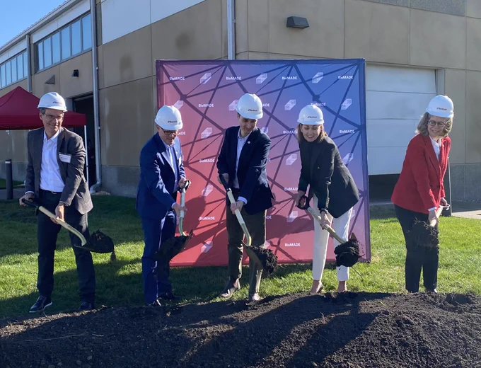 Breaking ground for a new fermenting pilot plant at Iowa State's BioCentury Research Farm are, from left, Brent Shanks, Iowa State distinguished professor in engineering; Jack Starr, BioMADE chief manufacturing officer; Douglas Friedman, BioMADE chief executive officer; Kim Reynolds, governor of Iowa; and Wendy Wintersteen, president of Iowa State.